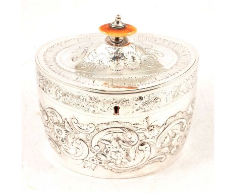 George III silver tea caddy, John Schofield, London 1795, later decorated with chased and embossed scrolls and flowers, engra