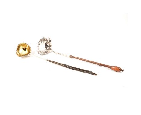 George II silver toddy ladle, William Coles, London 1746, lignum vitae handle, 35cm, and another silver toddy ladle, unmarked