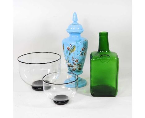 A Cowdy Art Glass bowl, signed, 21cm wide, together with another smaller, a French opaline vase and cover and a Squires gin g