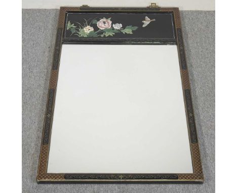 A Chinese ebonised wall mirror, 20th century, with oriental decoration, 66 x 107cm