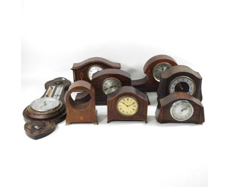 A collection of early 20th century mahogany cased mantel clocks and clock cases, together with a barometer, 60cm high
