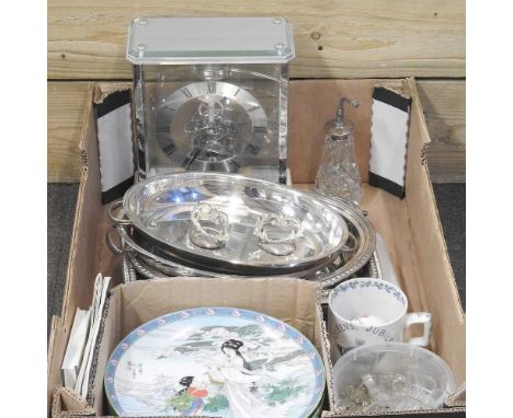 A Woodford mantel clock, in a perspex case, together with silver plated items, china, chandelier drops etc