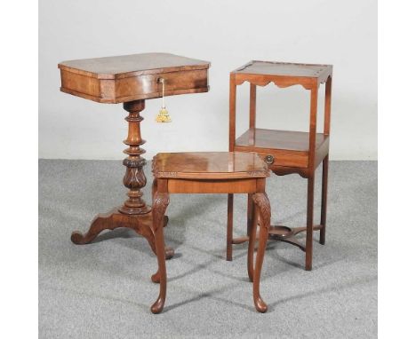 A Victorian style burr walnut ladies work table, with a rosewood fitted interior, 50cm wide, together with a 19th century nig