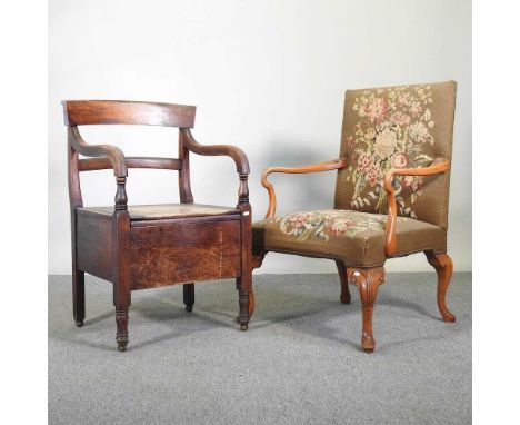 A mid 20th century carved walnut and tapestry upholstered armchair, together with a Victorian commode chair (2)