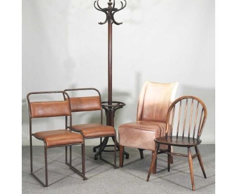 A Thonet style bentwood hat stand, together with two metal framed chairs, a tan leather chair and a stick back chair (5)