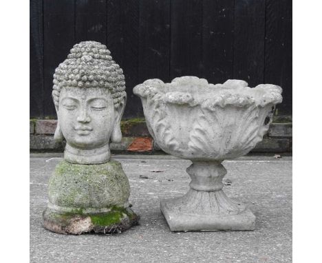 A cast stone planter, together with a cast stone Buddha head, 58cm high