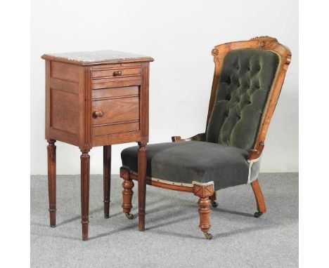 A Victorian green upholstered button back nursing chair, together with a French marble top bedside cabinet (2)39w x 37d x 83h
