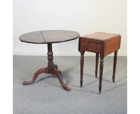 A Regency mahogany work table, together with a George III oak tripod table, 85cm diameter (2)