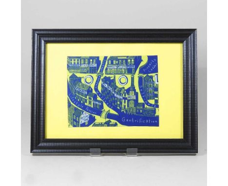 Sir Grayson Perry, CBE, RA Hon, FRIBA, b1960, Gentrification, printed cloth, 20 x 29cm, framed