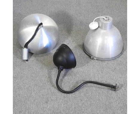 An industrial style metal light, 42cm diameter, together with two others (3)38cm drop