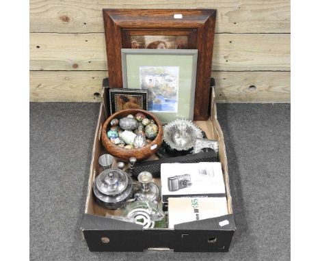 A silver table candlestick, together with a burr yew treen bowl containing painted eggs, pictures cameras and metalwares