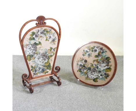 An unusual 1920's walnut firescreen, inset with a beadwork panel, 51cm wide, together with a similar panel, framed (2)