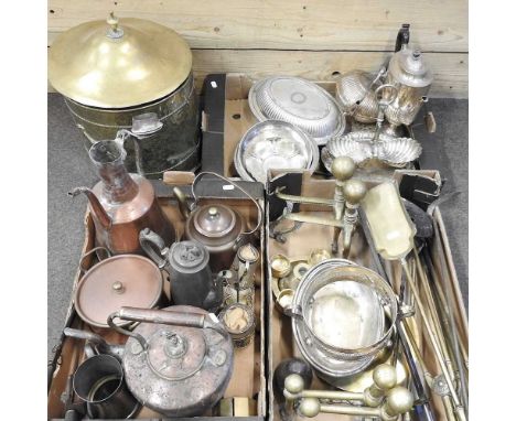 A collection of mainly 19th century silver plate and metalwares, to include a brass coal scuttle, copper kettle and fire tool