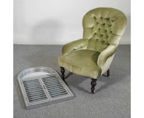 A louvred grey painted wall mirror, 80 x 50cm, together with a Victorian green upholstered button back armchair (2)