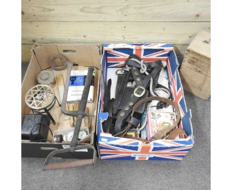 A heavy horse headcollar, together with another, books on leatherwork, tools and car accessories