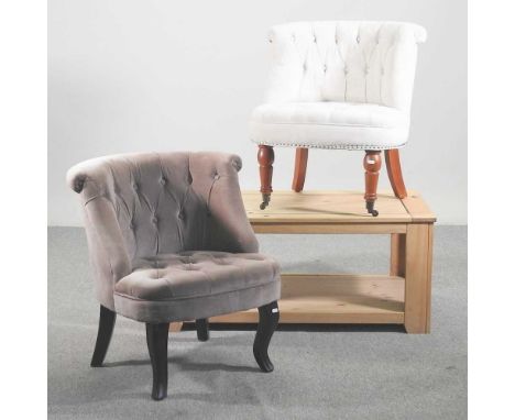 A near pair of modern button back chairs, together with a pine coffee table (3)