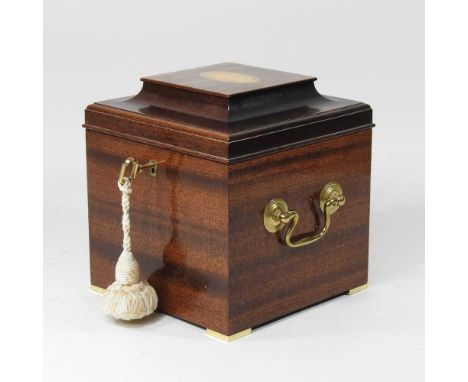 A Georgian style inlaid tea caddy, with a fitted interior, retailed by Knight &amp; Gibbons, 17cm wide