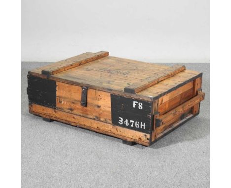 A military style wooden trunk, with a hinged lid105w x 66d x 36h cm