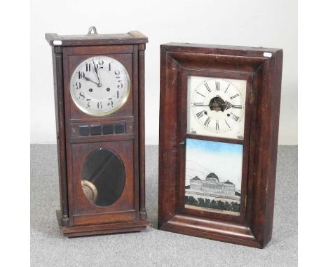 A 1930's oak cased wall clock, 68cm high, together with an American shelf clock (2)