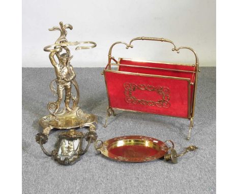 A brass stick stand, together with an Art Nouveau tray, a girandole and a magazine rack (4)