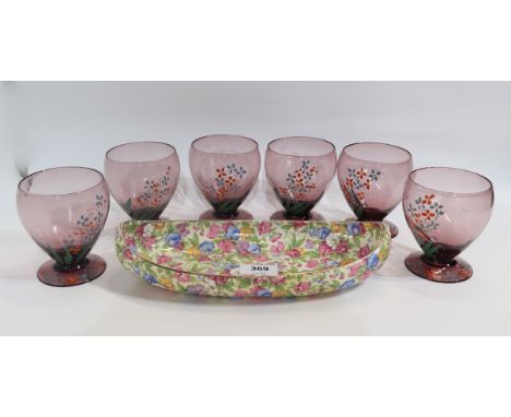 A Royal Winton Sweet Pea chintz dish and six painted amethyst glasses Condition Report: Available upon request