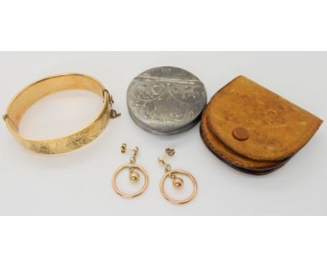 A pair of yellow metal earrings, a rolled gold bangle, and a pewter trinket box Condition Report: Not available for this lot