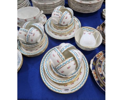 An Allertons teaset the white ground with pink roses and turquoise ribbon band, pattern no 3298, comprising twelve cups, sauc