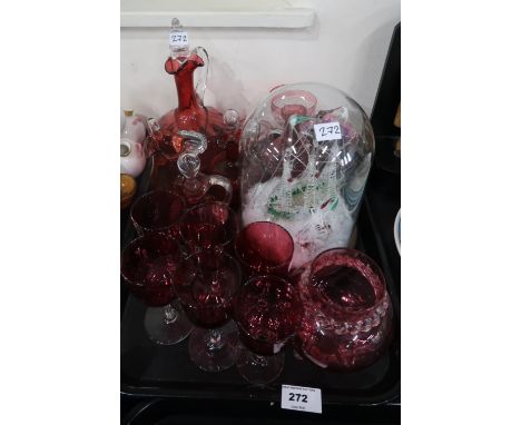 A lampwork model of ships under a glass dome, together with assorted cranberry glass including a decanter, glasses etc Condit