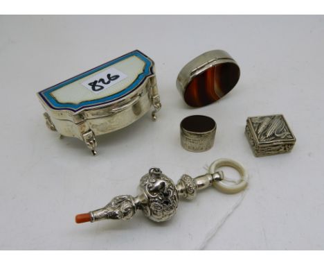 A lot comprising a silver and enamel jewellery box, Birmingham 1909, 7.5cm wide, a baby rattle (def), an agate and white meta