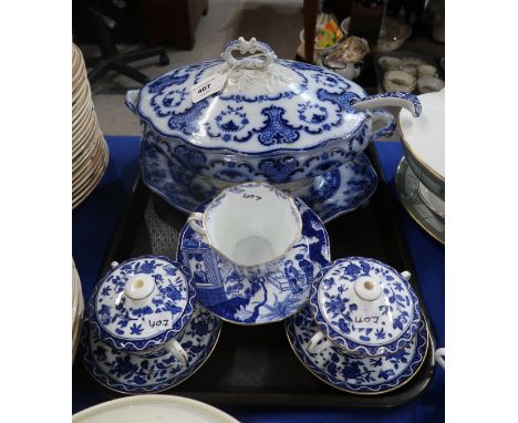 A pair of Royal Doulton blue and white chocolate cups, covers and stand, a Royal Crown Derby cup and saucer, a Spode ladle an