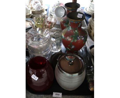 A pair of cloisonne vases, a J &amp; M Craig Kilmarnock pottery jug dated 1911, a lustre glass bowl, a ruby glass vase and as