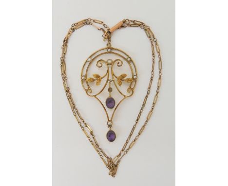 A 9ct gold amethyst and pearl Edwardian pendant and chain weight 4.6gms Condition Report: Available upon request
