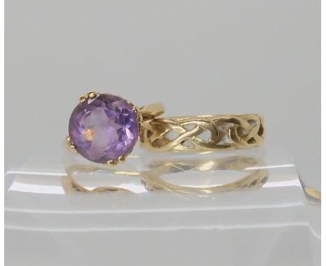 A 9ct gold Celtic knotwork wedding ring size M1/2, together with a 9ct amethyst set ring, size H, weight 6.6gms Condition Rep