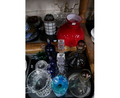 A Mdina glass vase, a pair of Stuart glass candlesticks, two glass light shades and other glassware Condition Report: Not ava