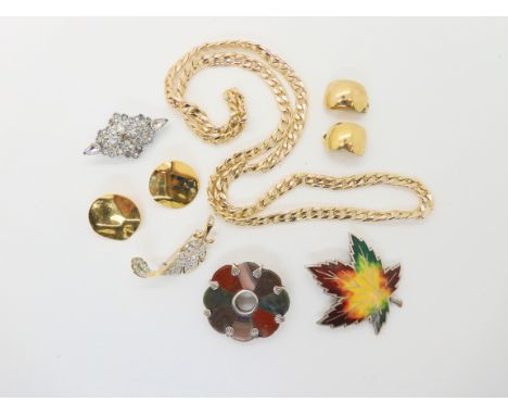 A silver Scottish agate brooch, a silver an enamel maple leaf brooch, earrings by Monet and Grosse etc Condition Report: Not 