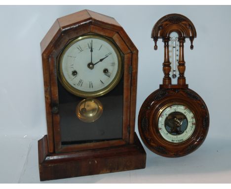 A tray lot including money bank, oak barometer, mantle clock etc Condition Report: Available upon request