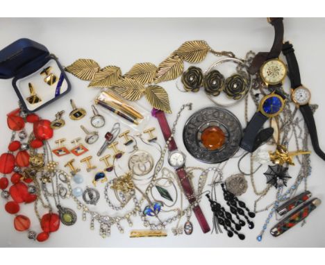 A silver and enamel pendant and chain, other items of silver, costume jewellery to include Bertie Bassett cufflinks and a col