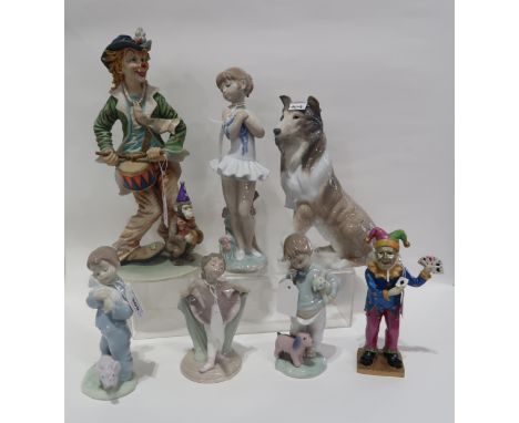 A collection of figures including a Lladro Collie, Nao figures of children, a Leonardo clown and another Condition Report: Al