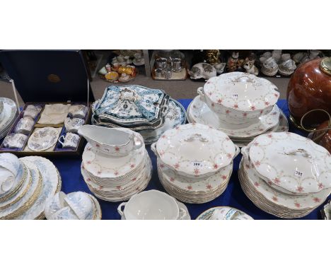 A Bishop and Stonier rose decorated dinners service, T R &amp; Co table wares and a boxed set of Coalport coffee cans and sau