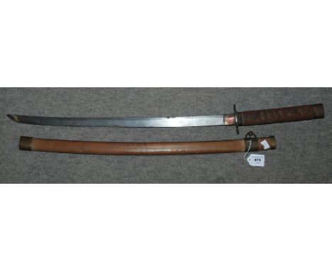 A Japanese samurai sword, blade 60cm long, overall 84cm in wooden scabbard and two modern tribal clubs Condition Report: Avai