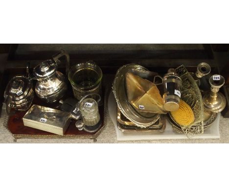 Three tray lots of EP - candlesticks, cocktail shaker, tea and hot water pot, hip flask, cased cutlery etc. Condition Report: