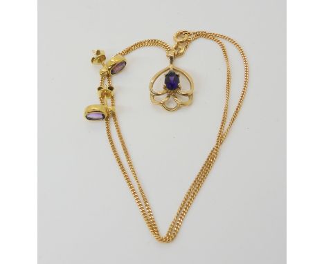 A 9ct gold amethyst pendant and chain 40cm, together with a pair of amethyst and diamond earrings, weight 5.9gms Condition Re