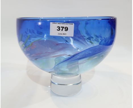 A large glass bowl on stand, in blue with pink and white, possibly Caithness Condition Report: Available upon request