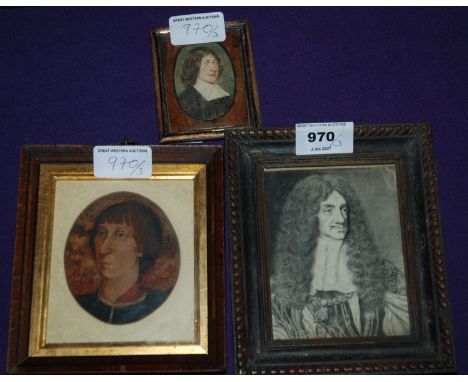 ENGLISH SCHOOL, Portrait of King Charles II, pencil, 12 x 9cm SCOTTISH SCHOOL Gordon of Gordonstoun, portrait miniature, wate