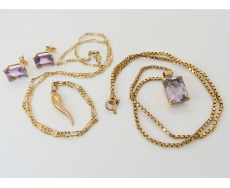 A 9ct amethyst pendant with box chain and matching earrings, length 38cm, a 9ct figaro chain with horn of plenty pendant weig