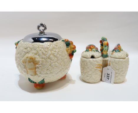 A Clarice Cliff Celtic Harvest biscuit barrel and double preserve pot Condition Report: Available upon request