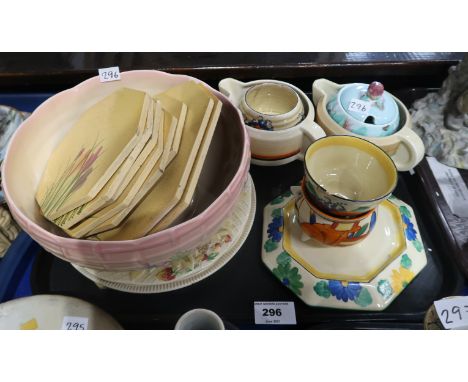 A Clarice Cliff Fantasque Bizarre Bobbins pattern cauldron, a Gayday preserve pot (no cover) and a small sugar bowl, crocus p