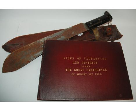 A machete in leather scabbard, pair of binoculars and Views of Valparaiso and District After The Great Earthquake of August 1