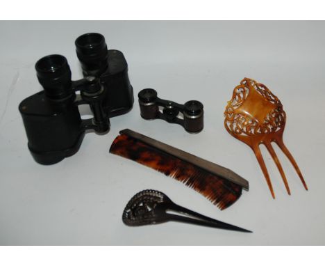 A pair of Barr &amp; Stroud binoculars, opera glasses, silver-topped comb and hair grips Condition Report: Available upon req