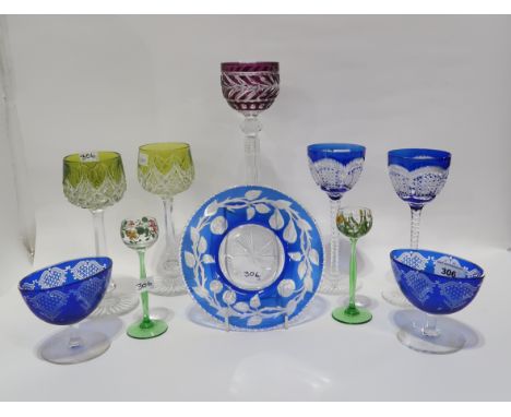 Six flashed and cut glass hock glasses, a pair of salts and a plate and two enamel painted glasses. one signed Clees Conditio